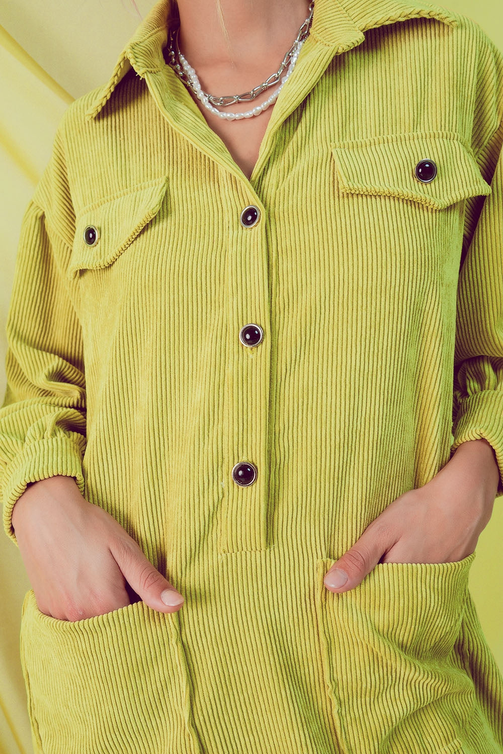 Cord mini shirt dress in lime Szua Store