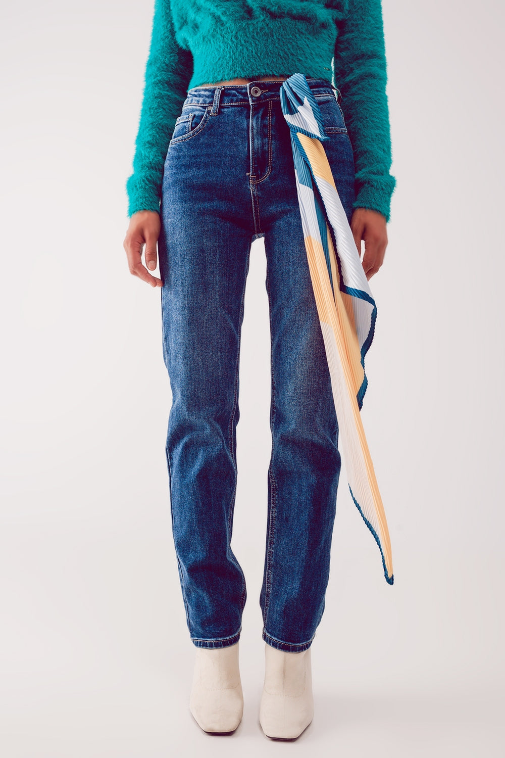 Cotton blend high waist straight leg jeans in deep blue Szua Store