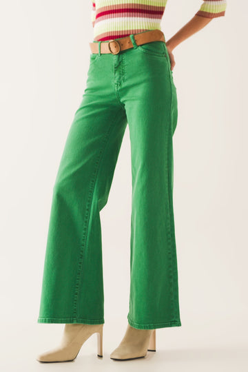 Q2 Cotton blend wide leg jeans in green