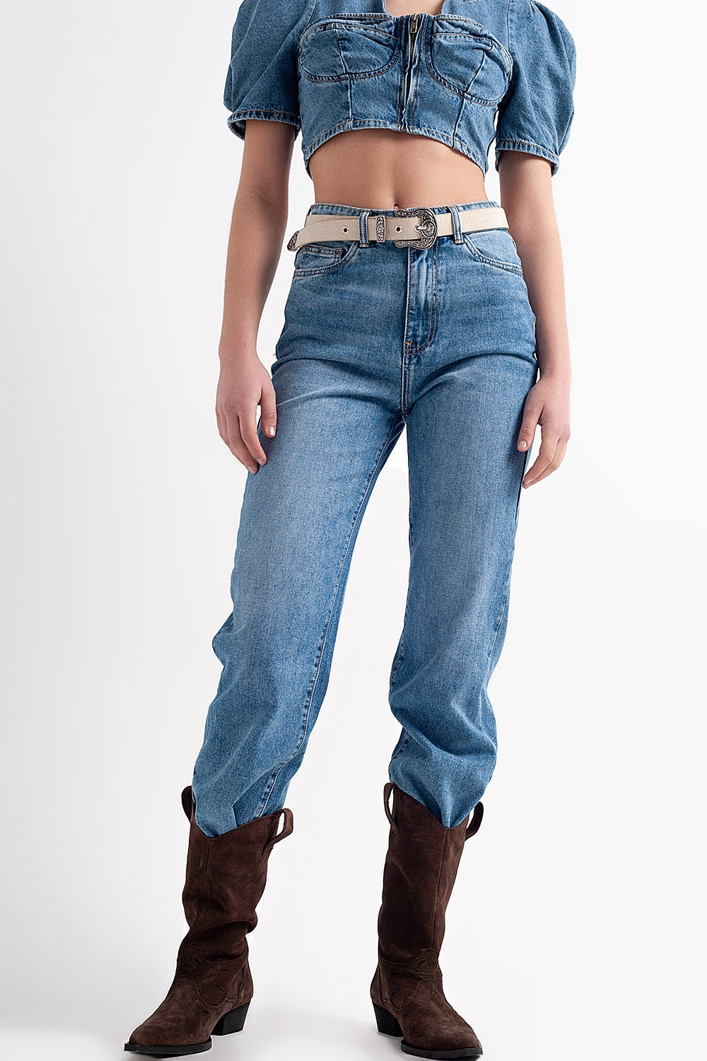 Cotton high waist straight leg jeans in vintage blue