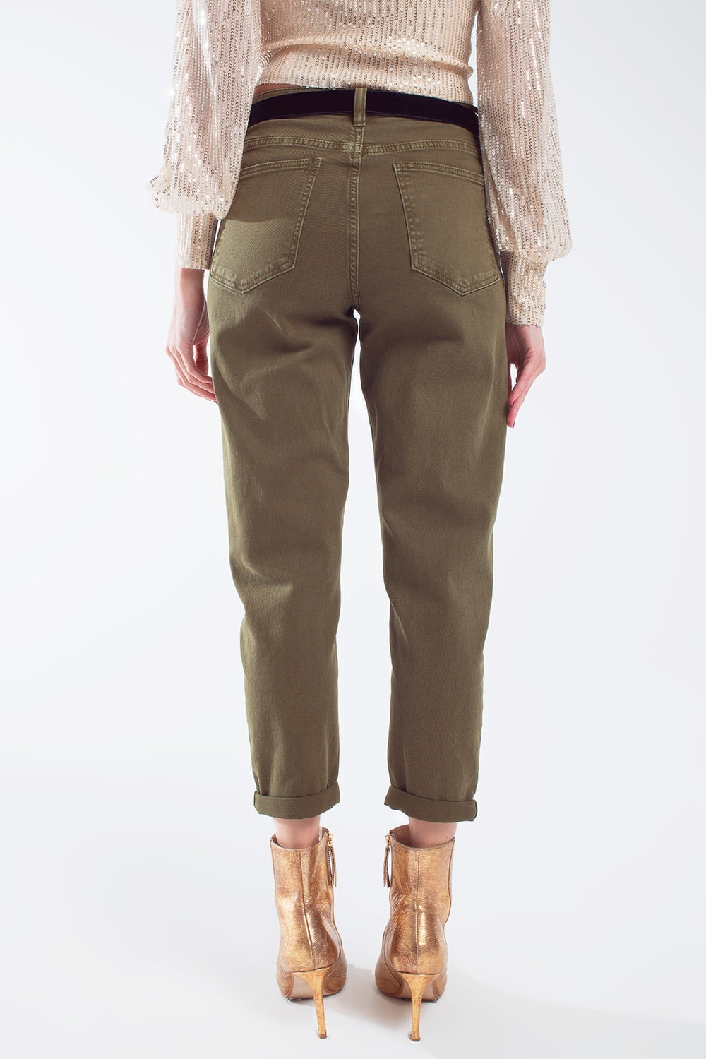 Cotton mid rise slouchy jean in khaki sepia