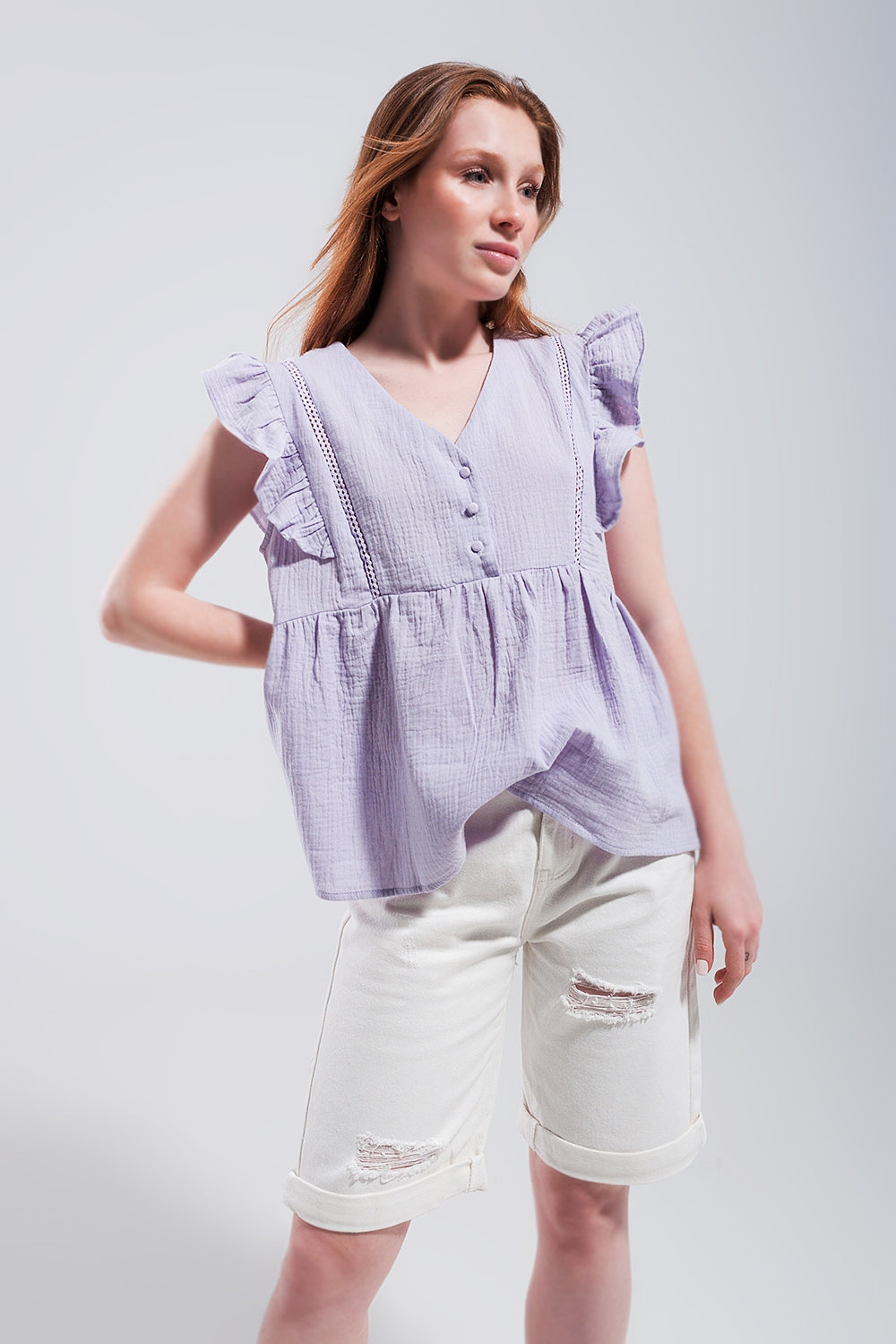 Cotton tank top with ruffle sleeves in lilac Szua Store