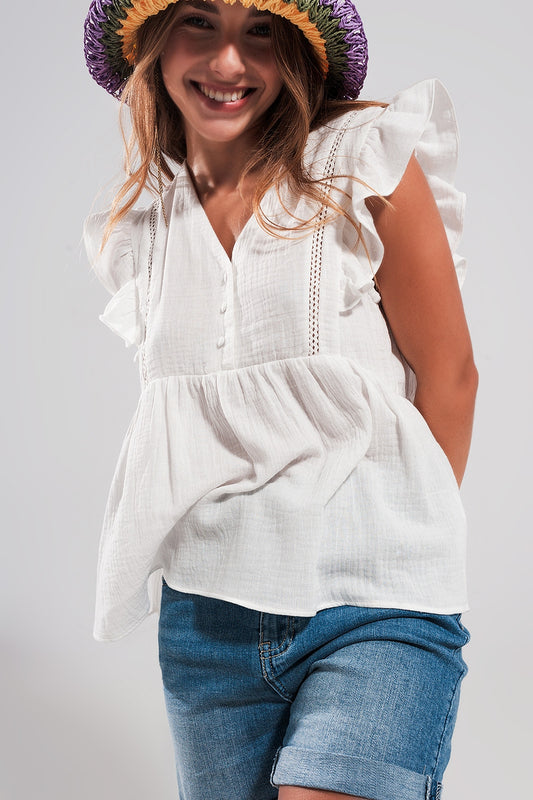Cotton tank top with ruffle sleeves in white Szua Store