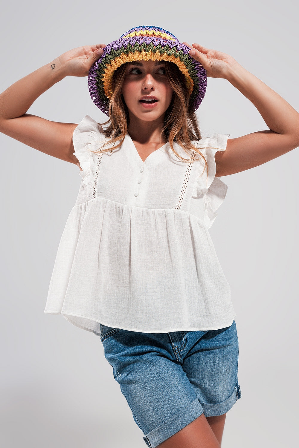 Cotton tank top with ruffle sleeves in white
