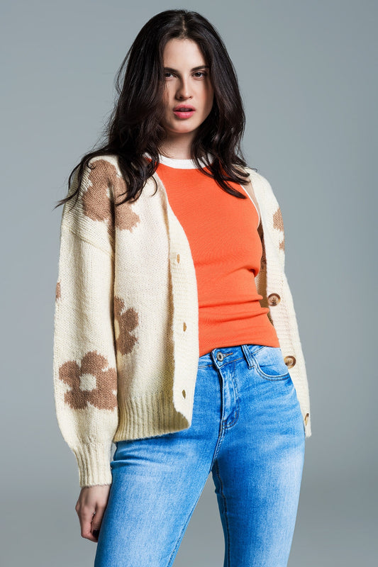 Q2 Cream cardigan with brown flowers and  wide V-neckline