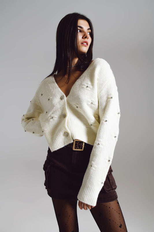 Q2 Cream cardigan with knitted flowers and embellished details