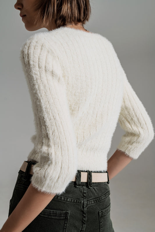 Cream fluffy knit sweater with 3/4 sleeves - Szua Store