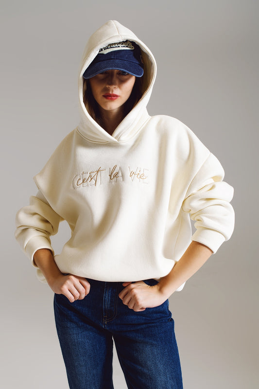 Q2 Cream hoodie with embroidered Cest La Vie text
