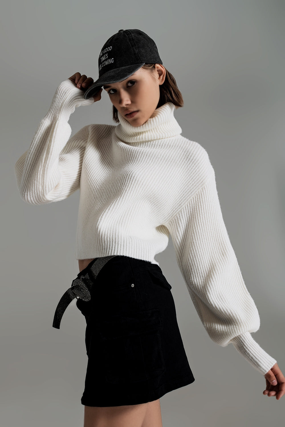 Cream ribbed knit turtleneck jumper with balloon sleeves - Szua Store