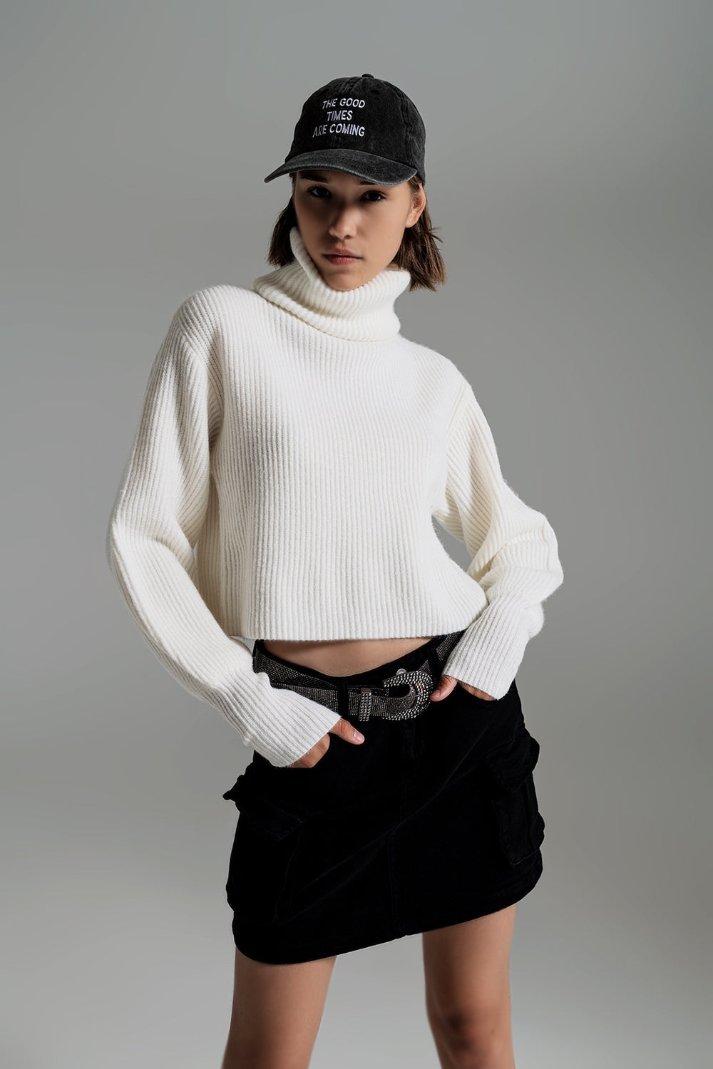 Cream ribbed knit turtleneck jumper with balloon sleeves - Szua Store