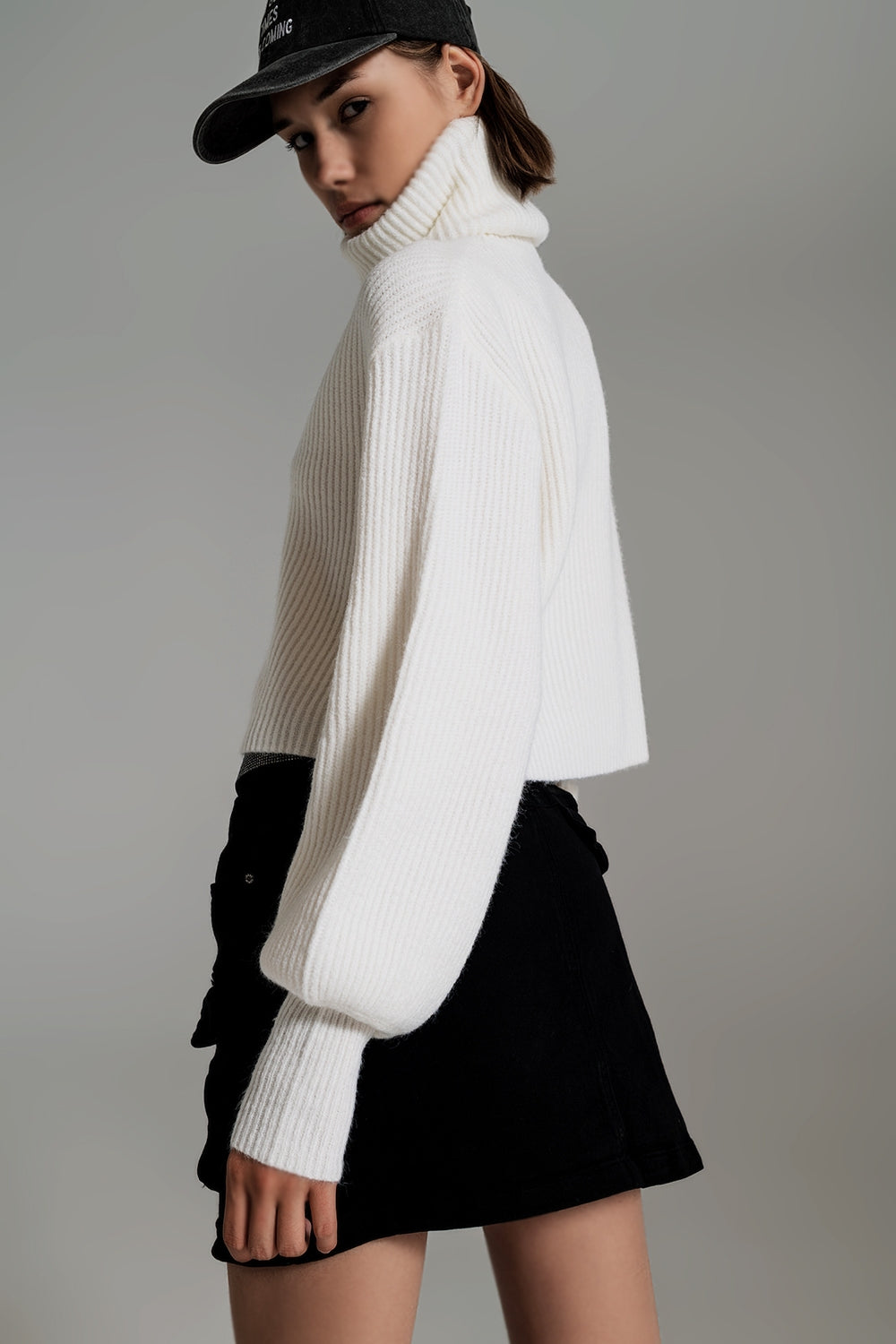 Cream ribbed knit turtleneck jumper with balloon sleeves - Szua Store