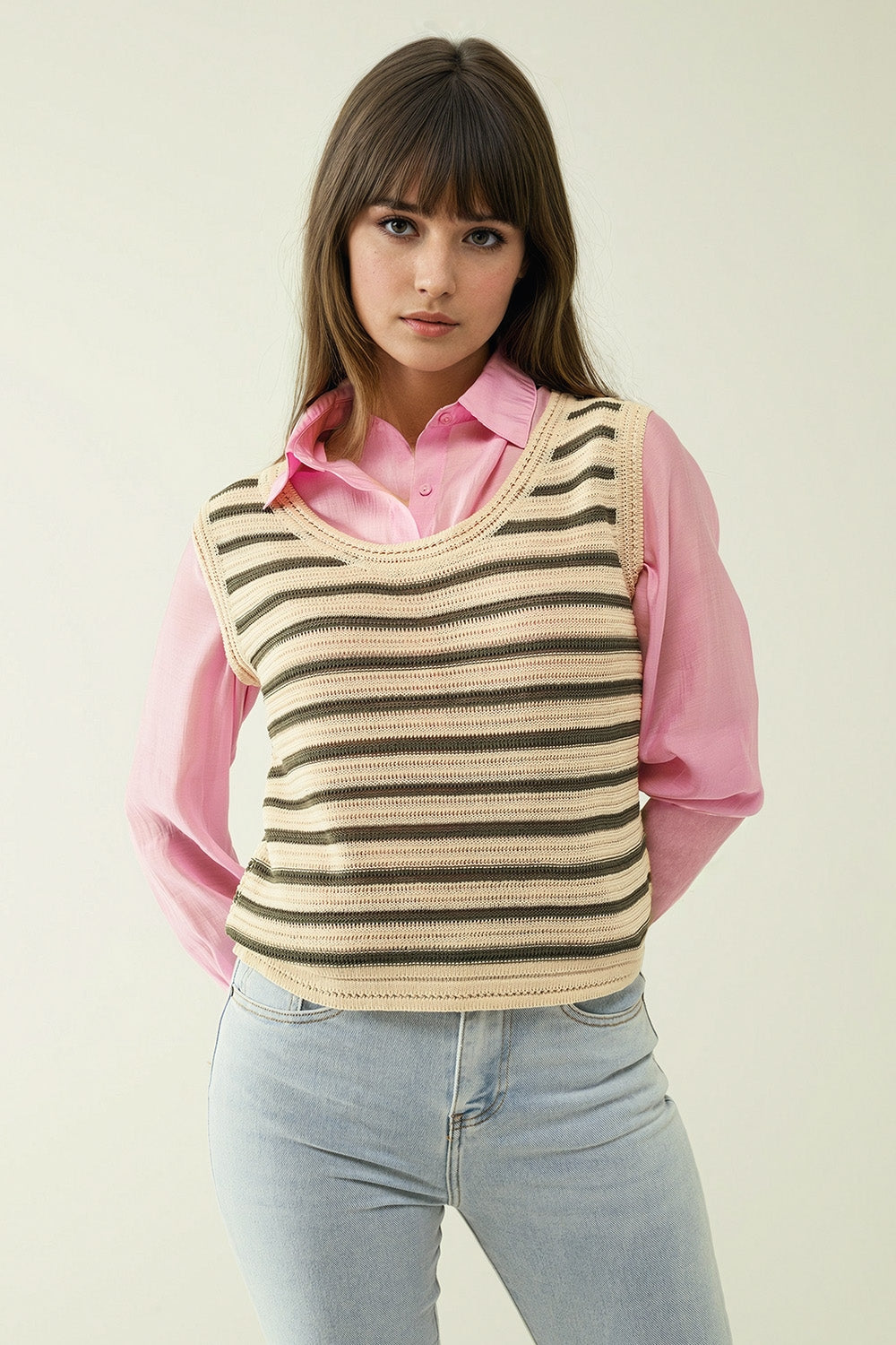 Q2 Cream sleeveless knit top with khaki stripes