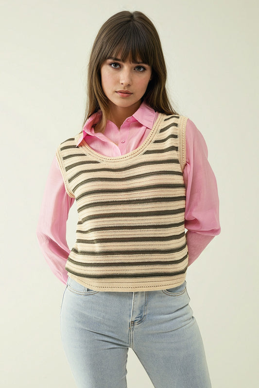 Q2 Cream sleeveless knit top with khaki stripes