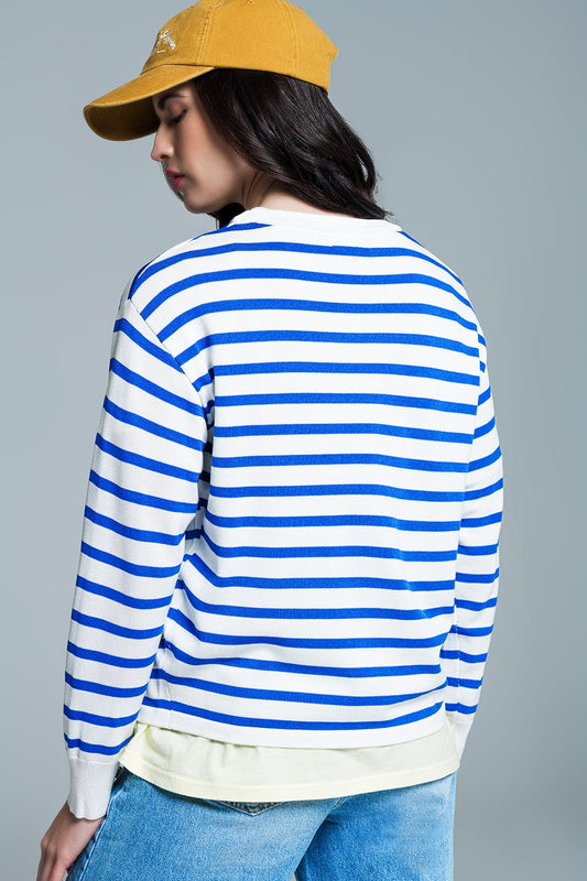 Crew Neck Basic Stripe Sweater in blue