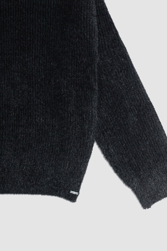 Crew neck jumper in rib with fluffy yarn in black Szua Store