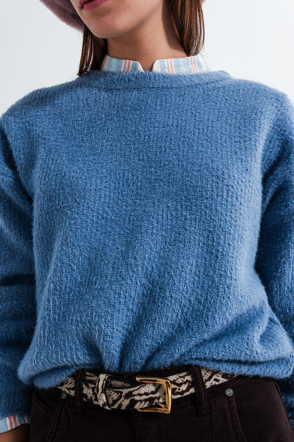 Crew neck jumper in rib with fluffy yarn in blue Szua Store