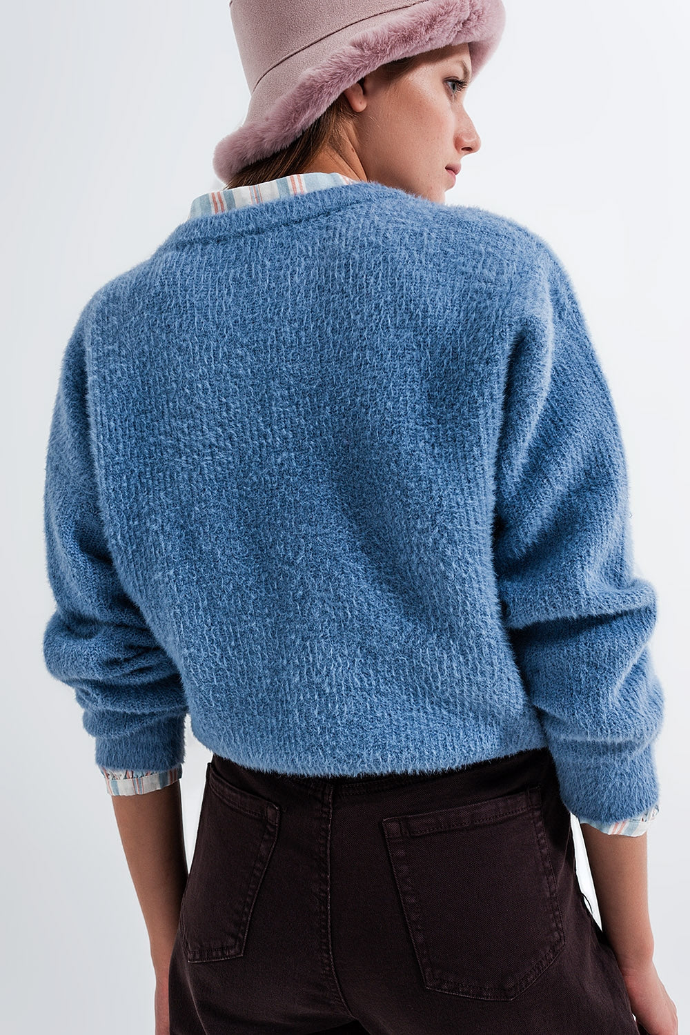 Crew neck jumper in rib with fluffy yarn in blue Szua Store