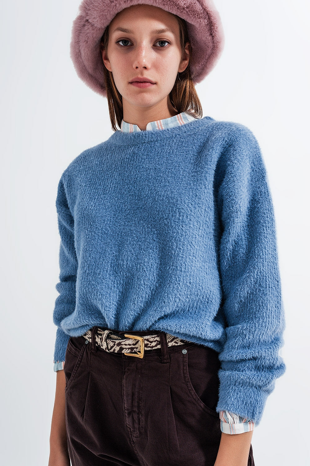 Crew neck jumper in rib with fluffy yarn in blue Szua Store