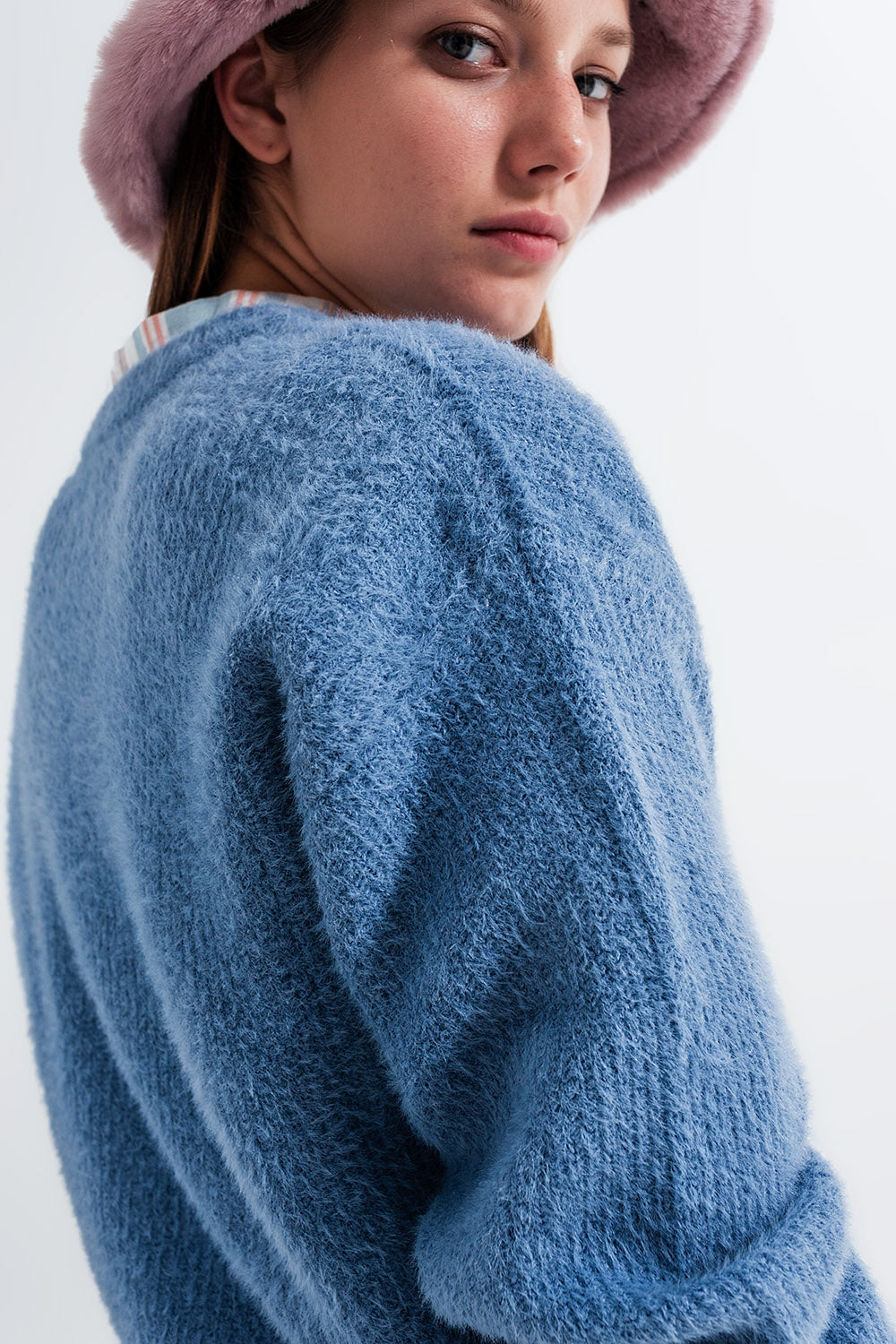 Crew neck jumper in rib with fluffy yarn in blue Szua Store