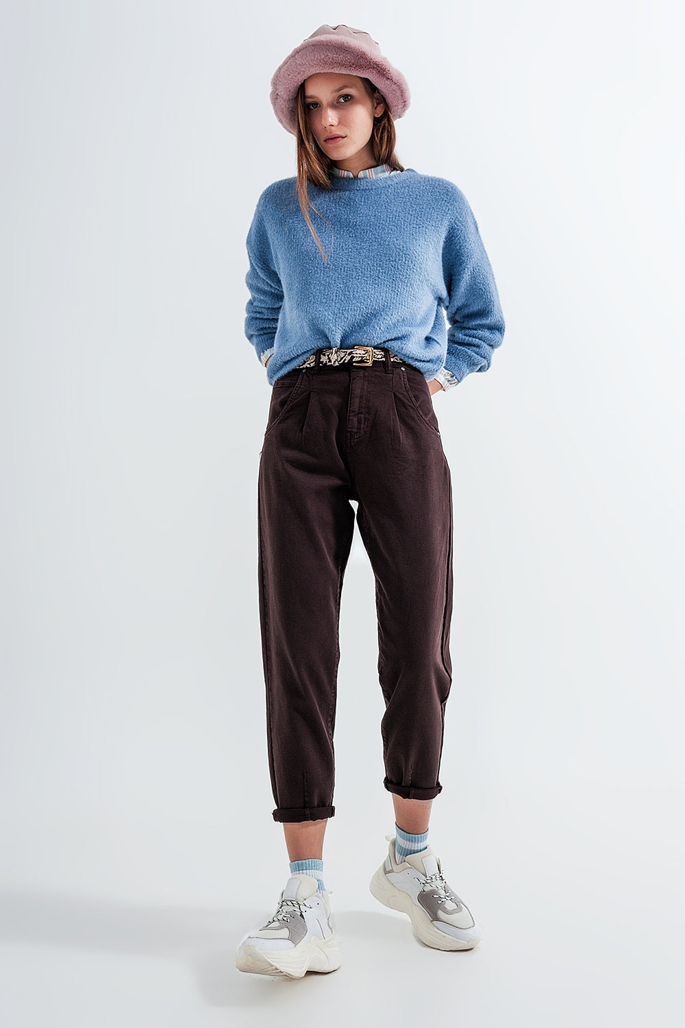 Crew neck jumper in rib with fluffy yarn in blue Szua Store