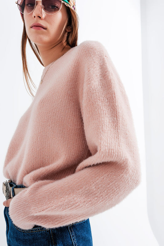 Crew neck jumper in rib with fluffy yarn in pink Szua Store