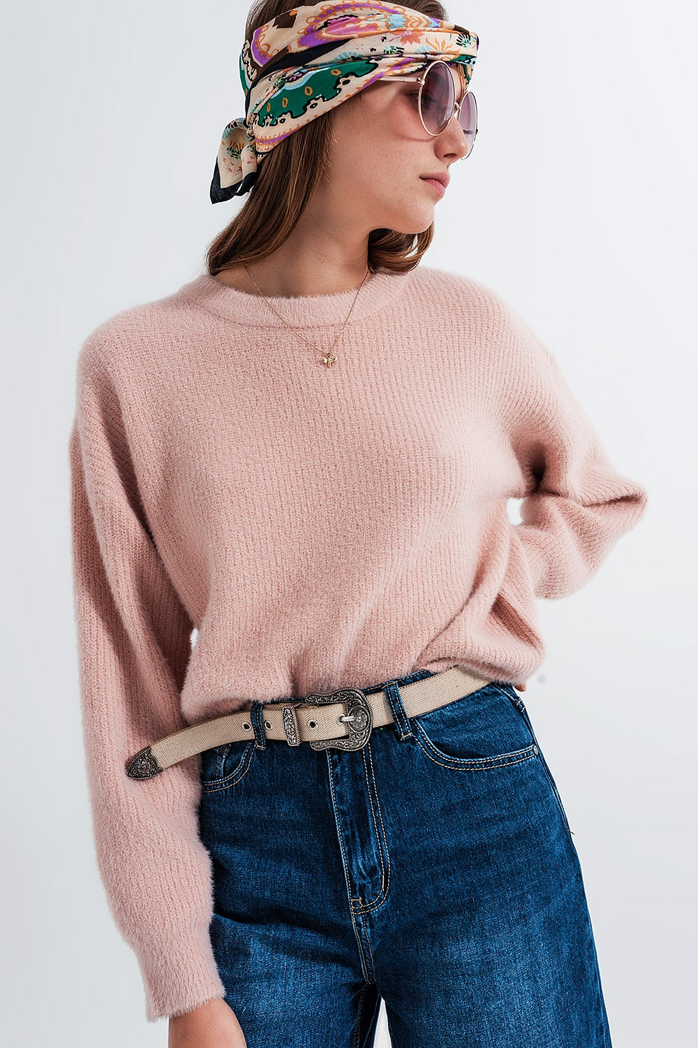 Crew neck jumper in rib with fluffy yarn in pink