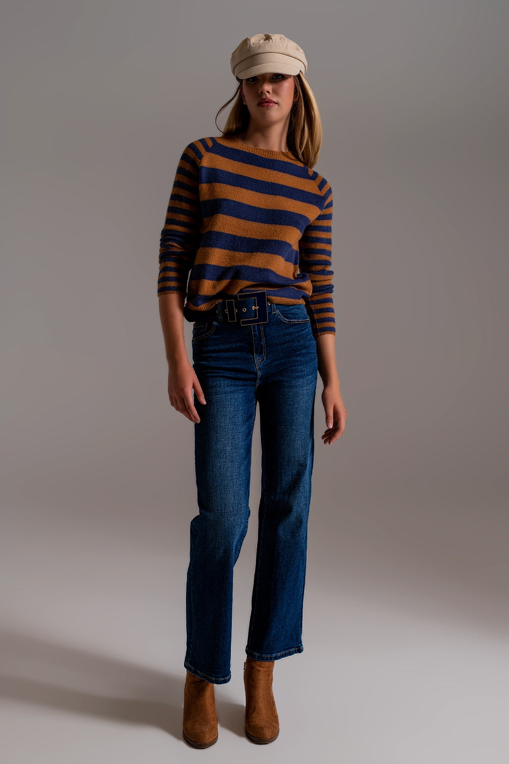 Crew Neck Light Sweater in Camel and Blue Stripes - Szua Store