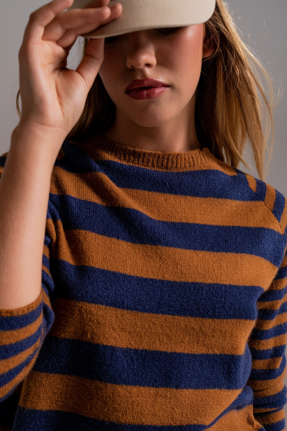 Crew Neck Light Sweater in Camel and Blue Stripes - Szua Store