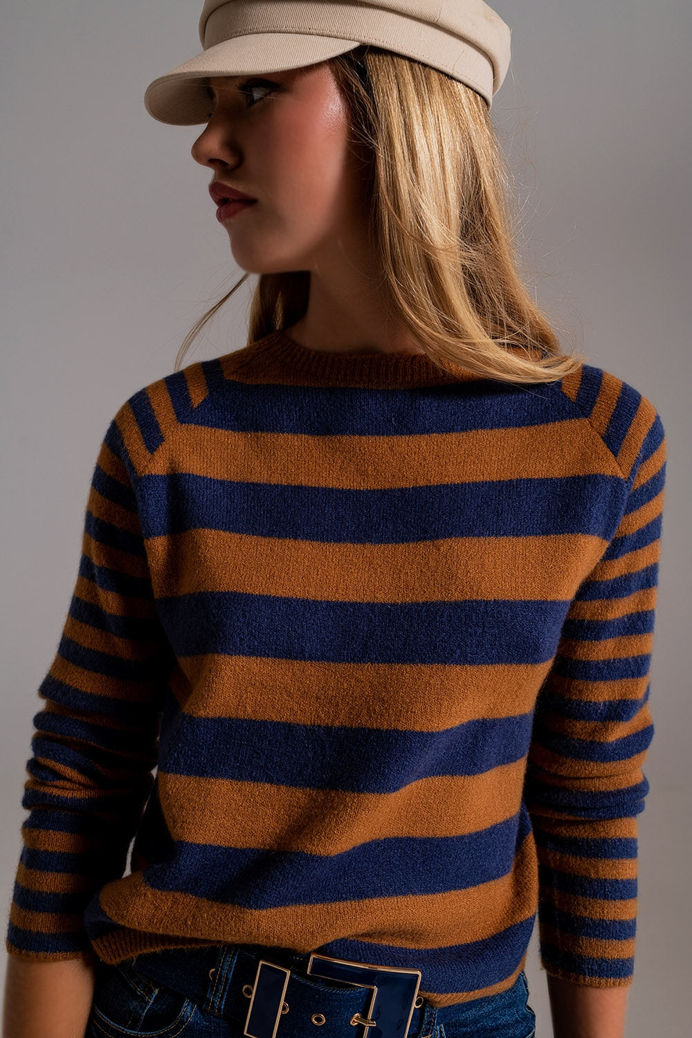 Crew Neck Light Sweater in Camel and Blue Stripes - Szua Store