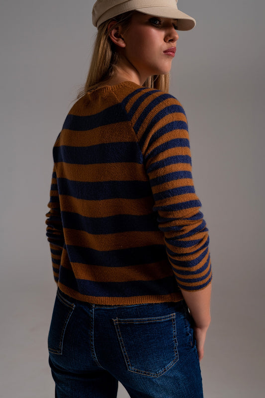 Crew Neck Light Sweater in Camel and Blue Stripes - Szua Store