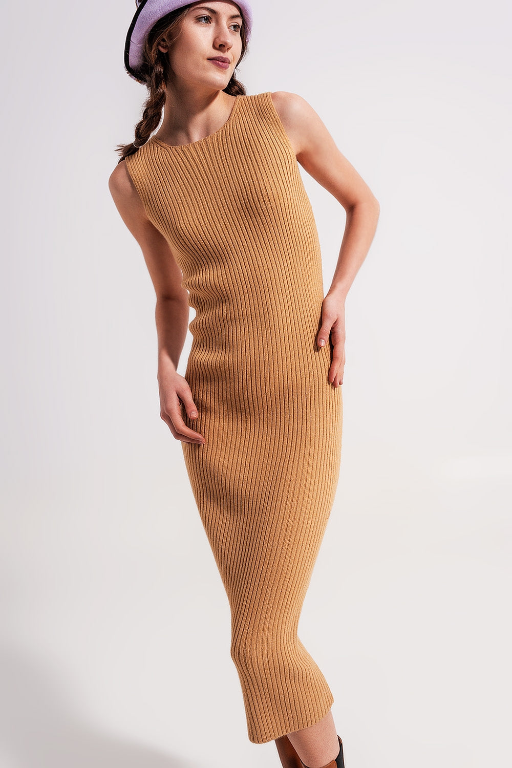 Crew neck ribbed midi dress in beige Szua Store