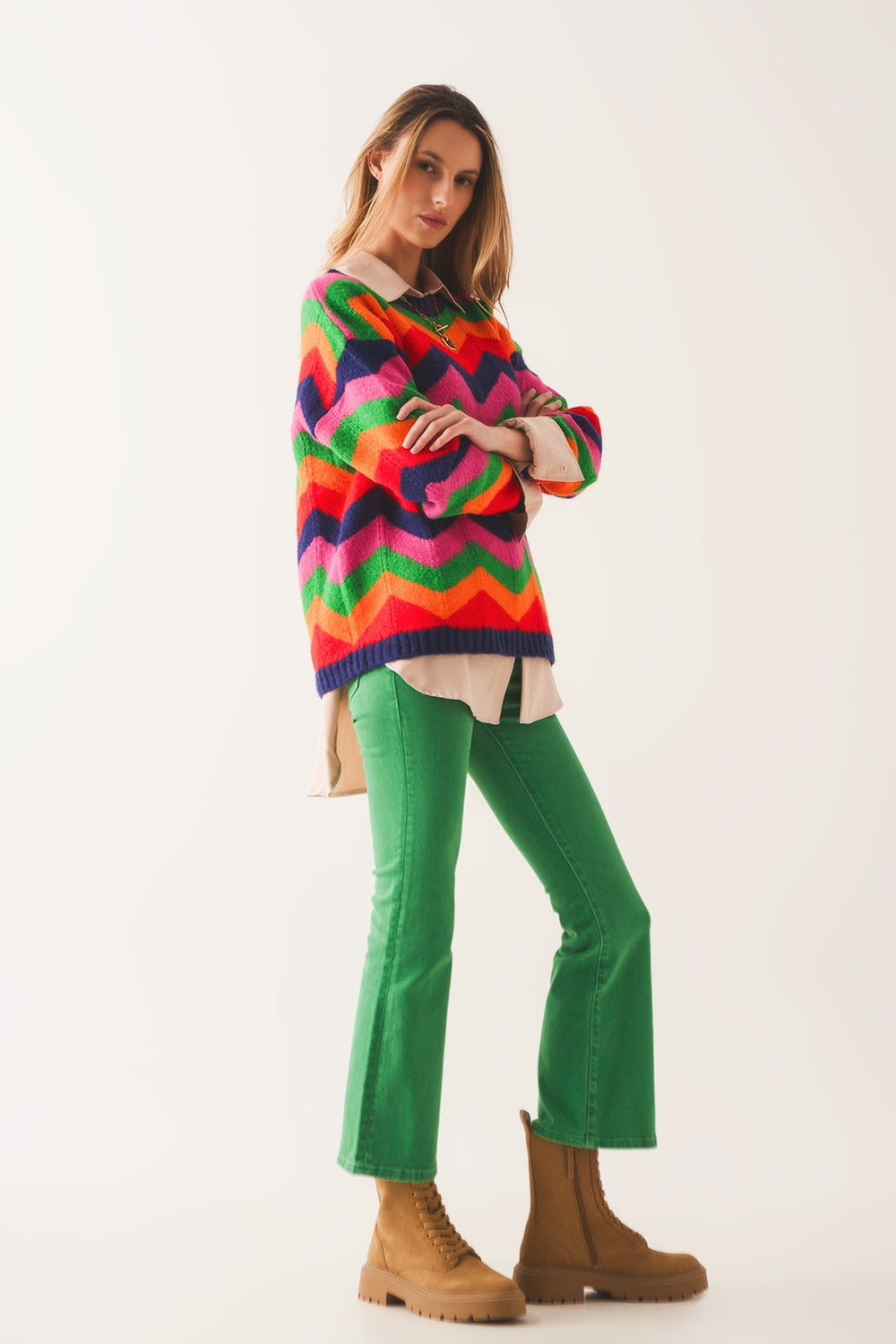 Crew neck striped knit sweater in multi - Szua Store