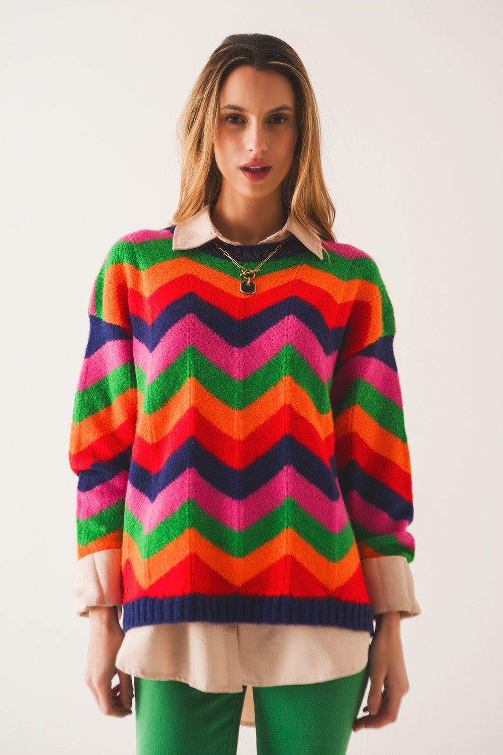 Crew neck striped knit sweater in multi - Szua Store