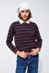 Q2 Crew Neck Stripy Sweater in Navy and Rust Orange