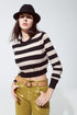 Q2 Crew Neckline Sweatshirt with Stripe Black and Beige Design