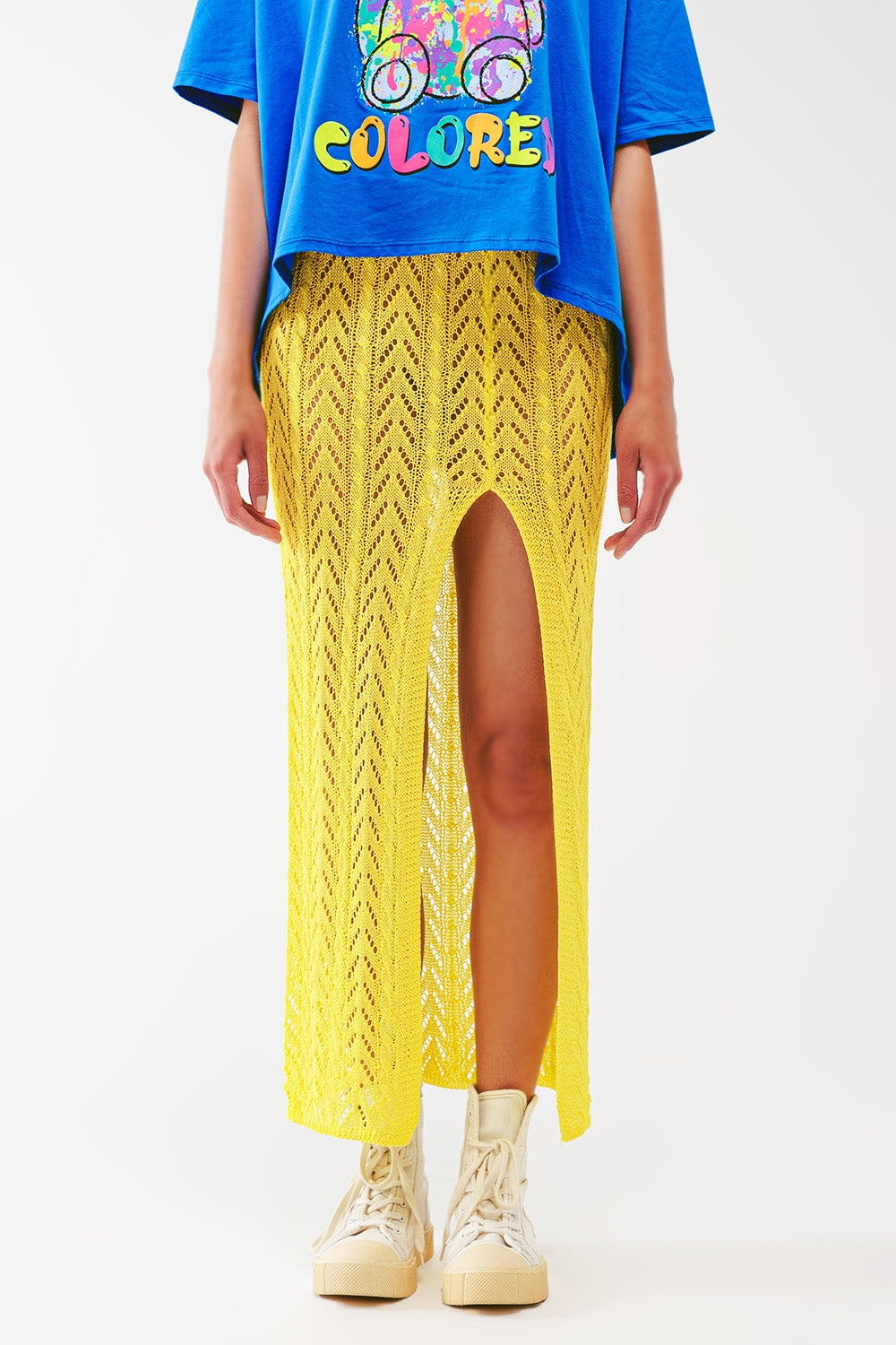 Q2 Crochet Maxi Skirt in Yellow