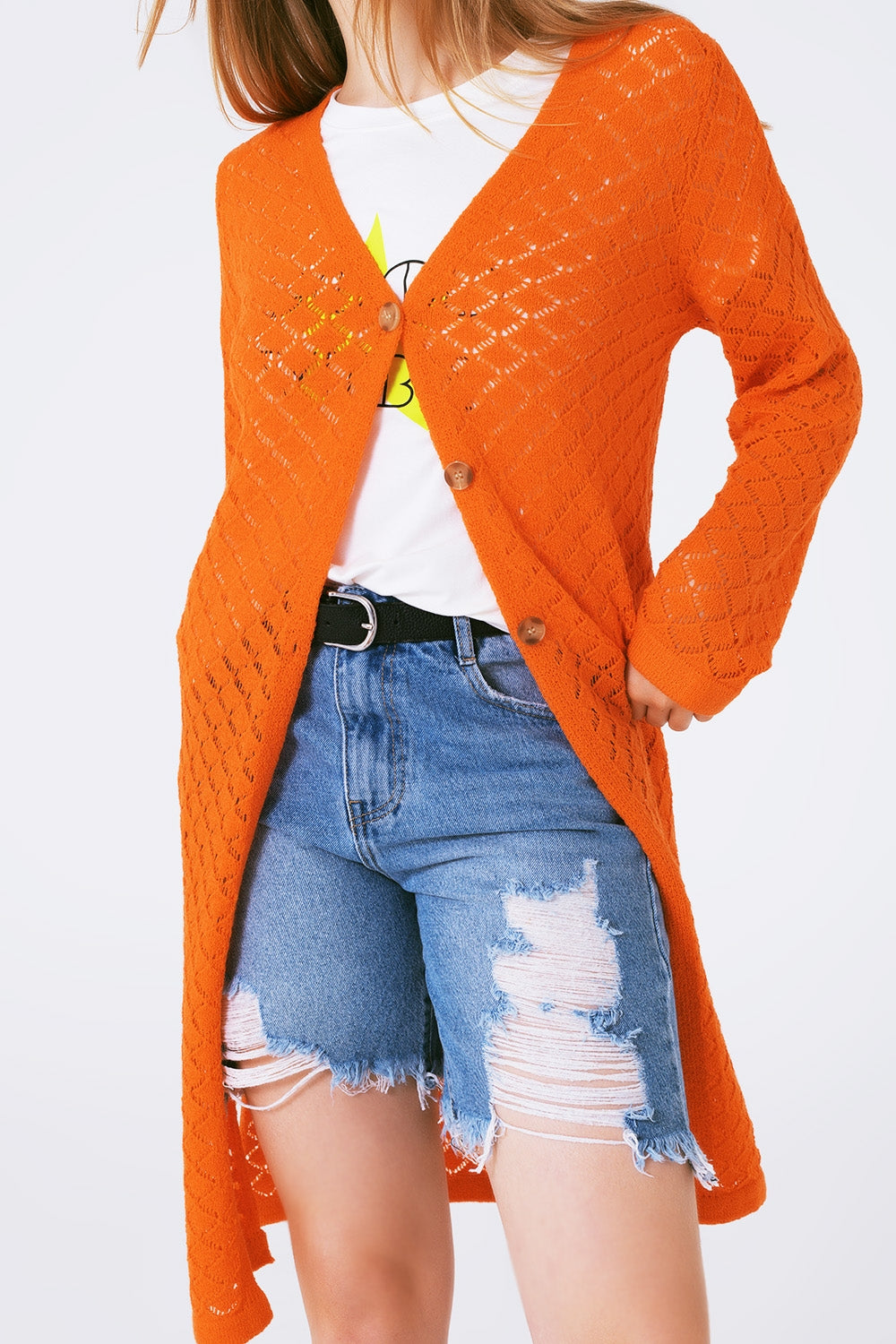 Q2 Crochet Midi Cardigan in Orange