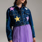 Q2 crop denim jacket with multicolored stars