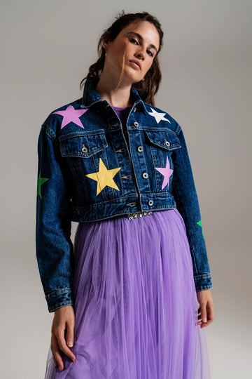 Q2 crop denim jacket with multicolored stars