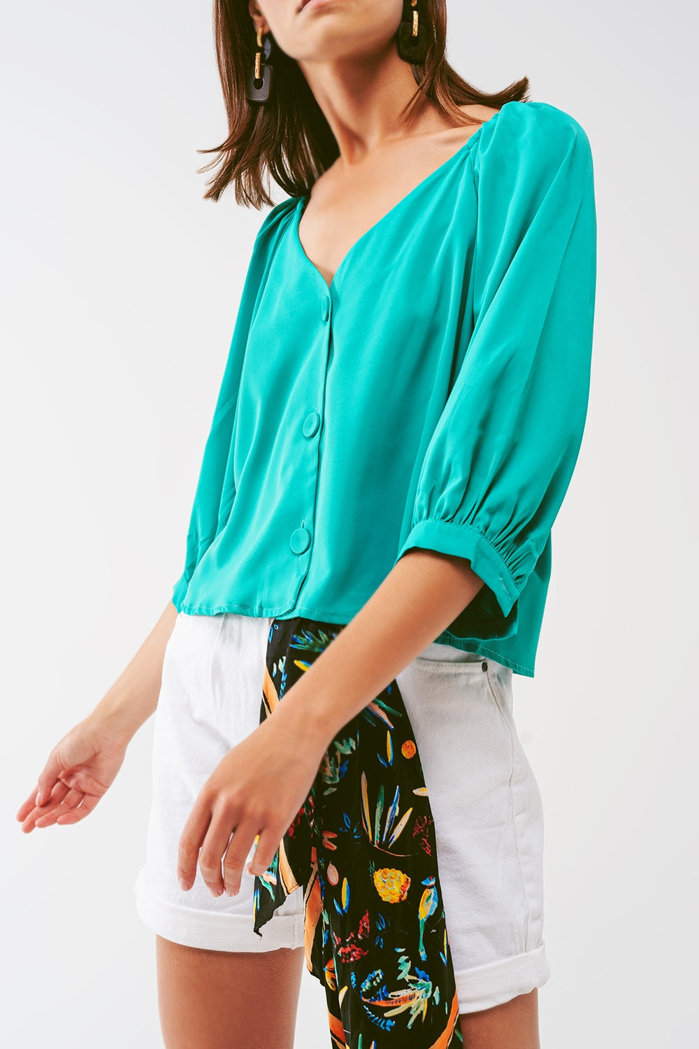 Cropped Button Through Shirt in Green - Szua Store