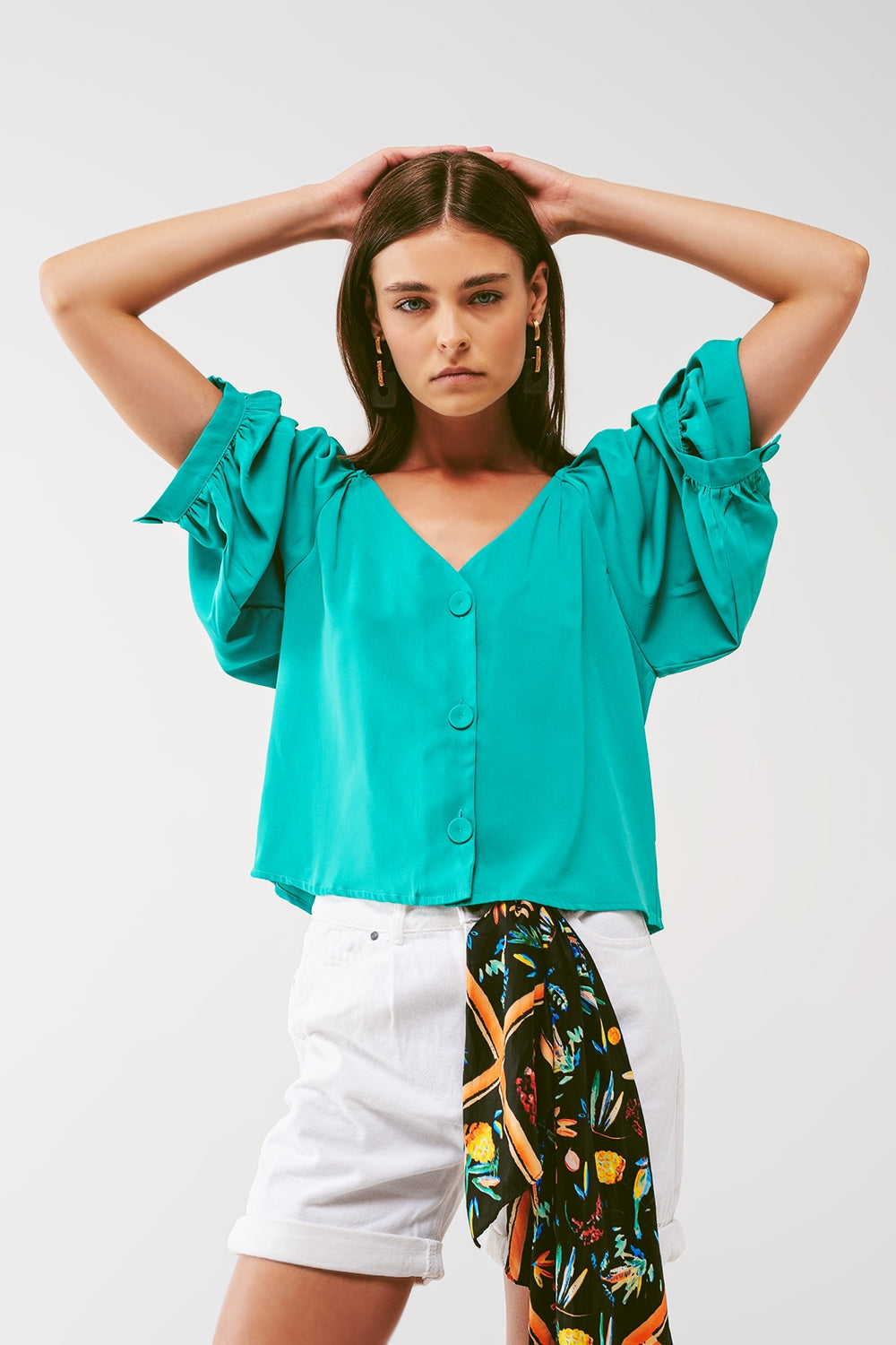 Cropped Button Through Shirt in Green - Szua Store