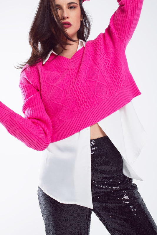 Q2 Cropped Cable Knit Sweater with V Neckline in Fuchsia