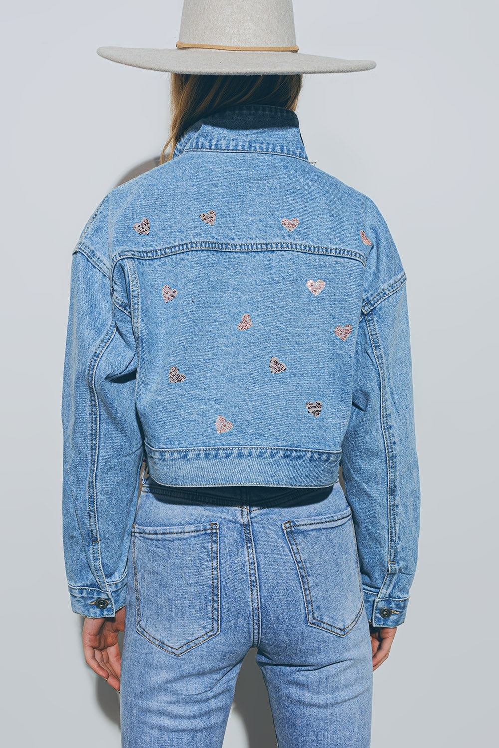 Cropped Denim Jacket With Embellished Hearts in Mid Wash - Szua Store