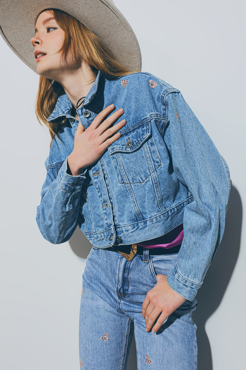 Cropped Denim Jacket With Embellished Hearts in Mid Wash - Szua Store
