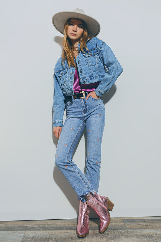 Cropped Denim Jacket With Embellished Hearts in Mid Wash - Szua Store