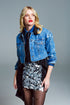 Q2 Cropped denim jacket  with raw hem in mid wash with metallic silver finish