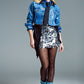 Cropped denim jacket  with raw hem in mid wash with metallic silver finish