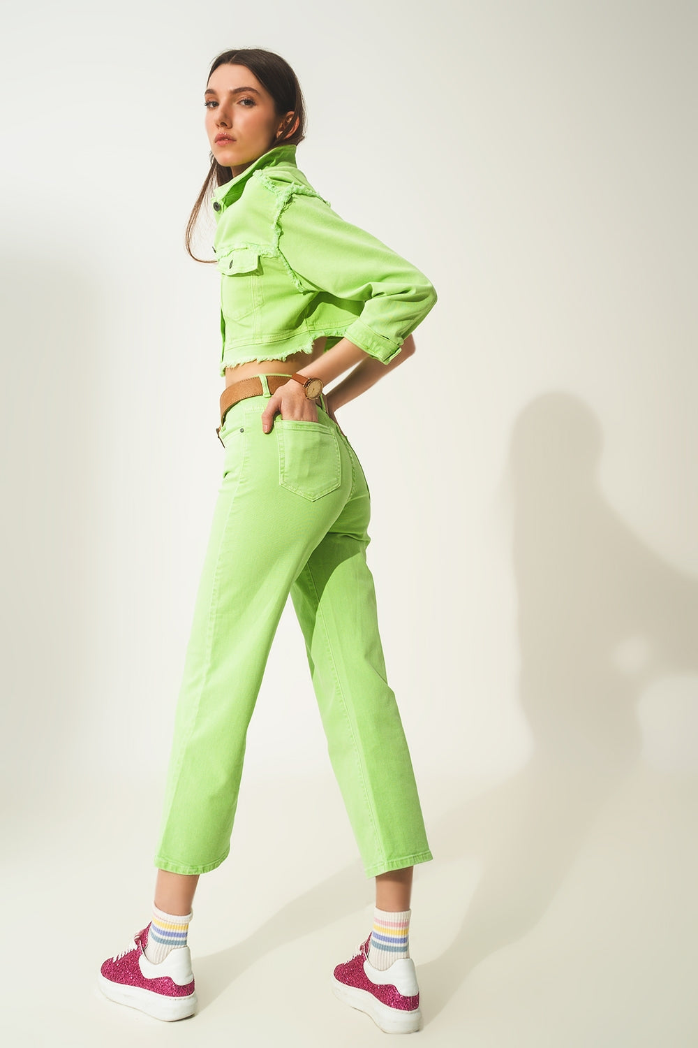 Cropped denim trucker jacket in acid green - Szua Store