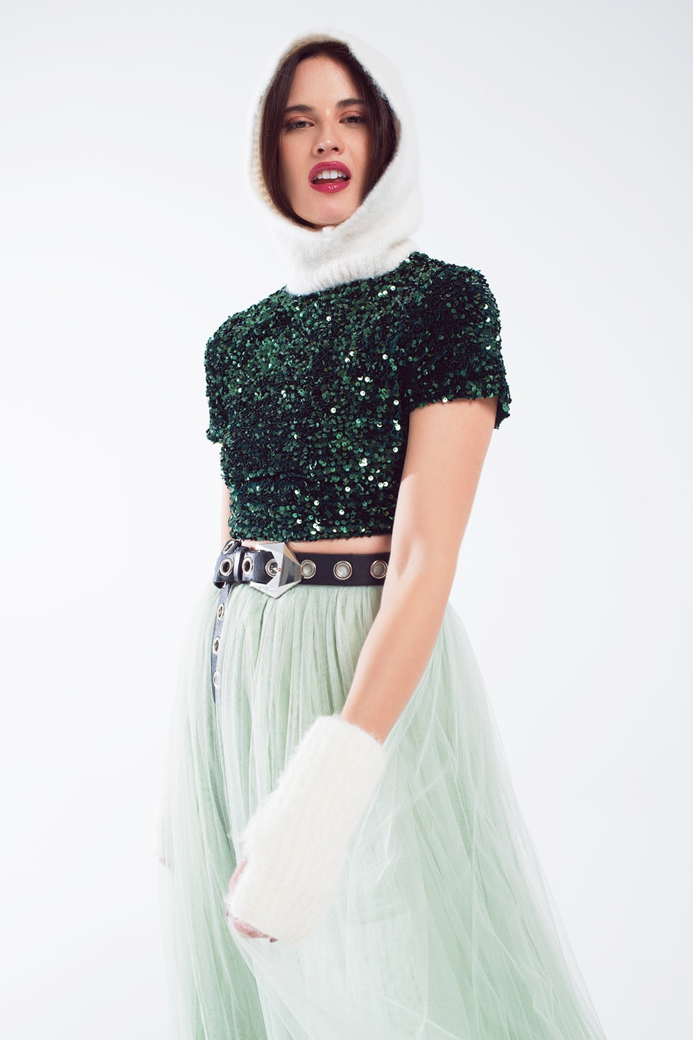Q2 Cropped High Neck Top in Green  Sequin