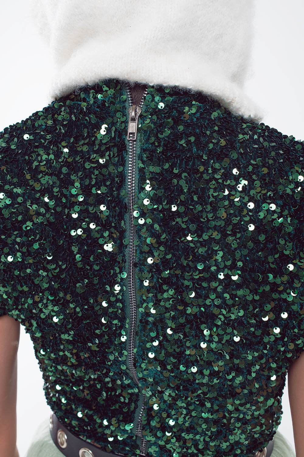 Cropped High Neck Top in Green  Sequin